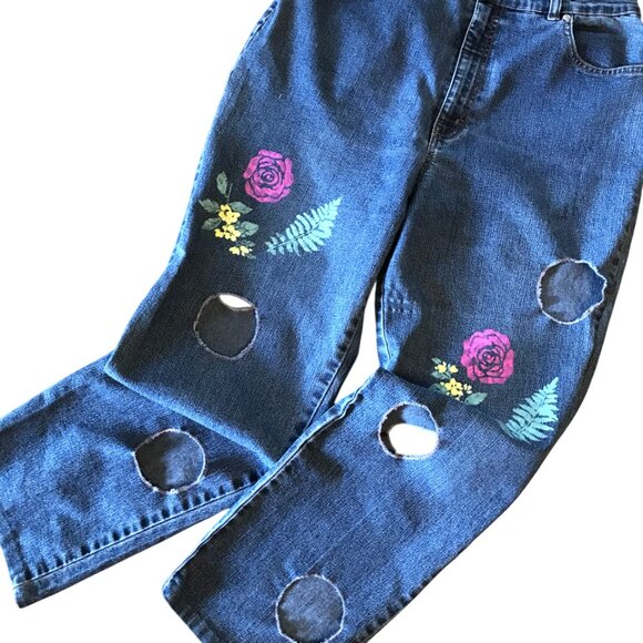 Upcycled Sonoma Jeans w/Cut-Outs, Painted Flower Funky Pants, Size 16 Short - Picture 4 of 15